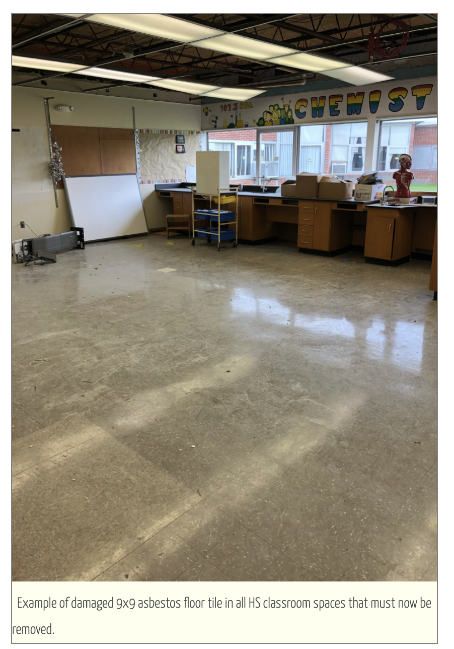 Example of 9x9 asbestos floor in the high school classroom spaces that now must be removed.