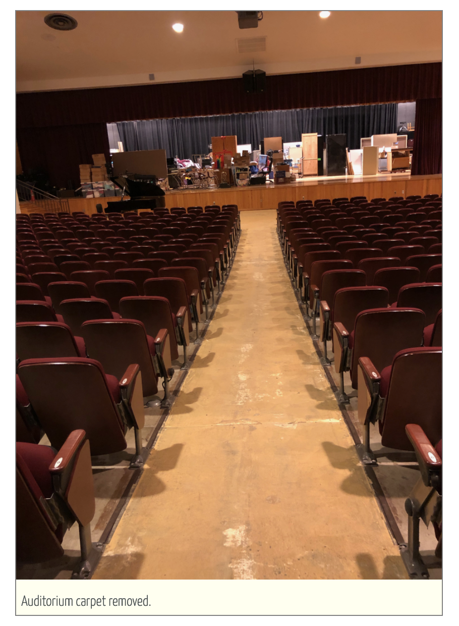 Auditorium carpet removed. 